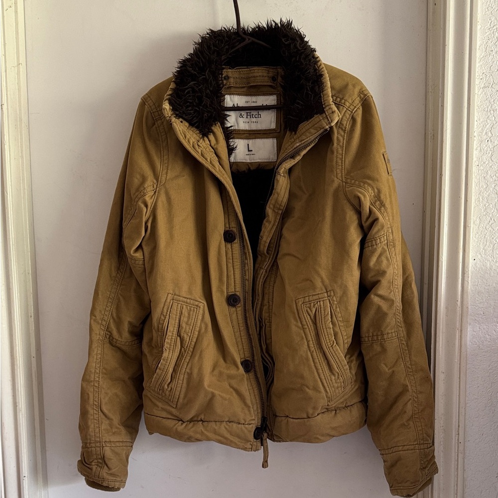Abercrombie & Fitch Brown Men's Jacket with Faux Fur Collar and Lining